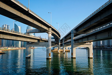 南韩釜山摩天大楼和光建桥市中心码头城市风景地标建筑学建筑物景观建筑天空图片