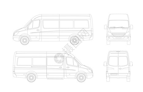 乘客小客车草图集 前 后 右 左面 孤立在白色背景上图片