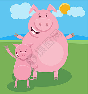 快乐的卡通猪养猪场动物人物和小猪仔背景图片