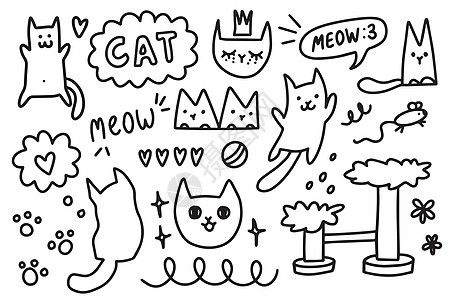 手工绘制的猫和各种与猫有关的物品 白上孤立的涂鸦大纲 矢量说明图片