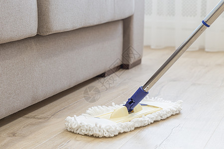 沙发附近有白色拖把的清洁地板主妇清洁剂家政服务长椅浴室灰尘洗涤剂产品房子图片