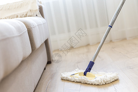 沙发附近有白色拖把的清洁地板产品刷子清洁剂家政地面灰尘房子长椅抛光服务图片