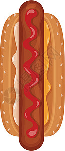 热狗顶视图 一张热狗配香肠的图片 淋上番茄酱并撒上芥末 快餐 在白色背景上孤立的矢量图图片