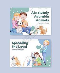 配有可爱狗和猫抱抱概念 水彩风格的Facebook模板犬类女孩拥抱小狗训练插图幸福朋友广告活动图片