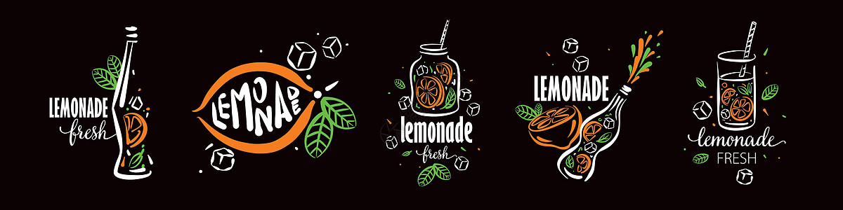 一组黑色背景的柠檬汁矢量图纸绘画玻璃草图叶子黑板刻字酒吧饮料薄荷稻草图片