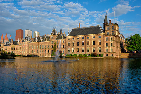 Hofvijver湖和Binnenhof 海牙天鹅池塘建筑学风景天空市中心城堡旅游经济联盟图片