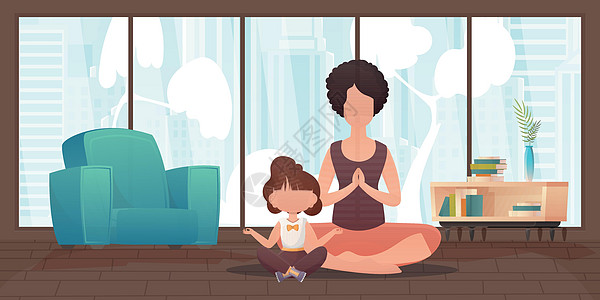 妈妈和小女儿一起做瑜伽 设计卡通风格 矢量图片
