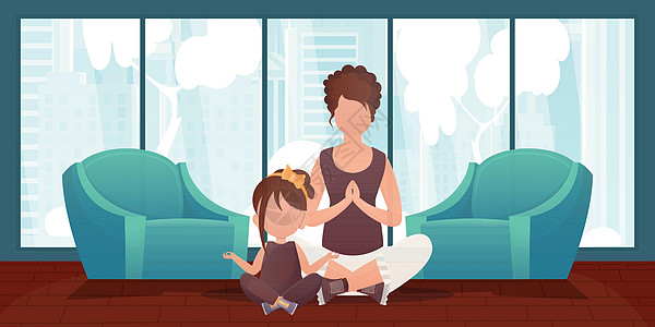 妈妈和小女儿一起做瑜伽 设计卡通风格 矢量插图图片