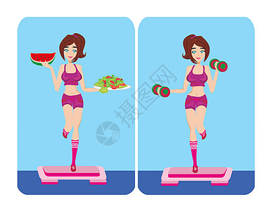 健康生活方式食物沙拉运动健身房女士饮食平衡西瓜专注卡通片图片