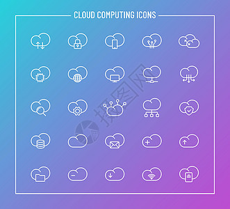 颜色渐变背景上的云计算轮廓矢量图标 用于网页设计和用户界面设计 移动应用程序和印刷产品的云计算图标集图片