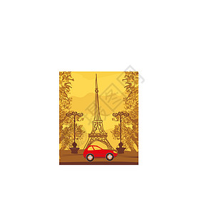 Eiffel 塔卡浪漫回忆地标艺术品插图剪贴簿绘画建筑汽车旅游图片