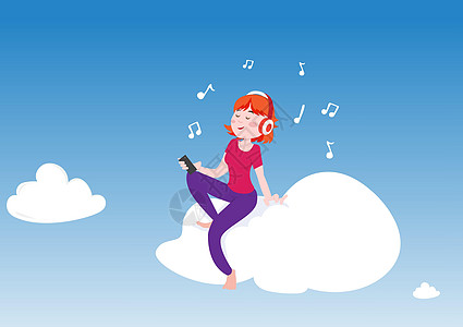 美丽的女孩使用音乐治疗 听音乐 享受节奏 坐在云端的坐着图片