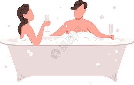 在浴缸半平板彩色向量字符庆祝周年的情侣纪念日洗澡香椿奢华成人夫妻女士温泉浴室蜜月图片
