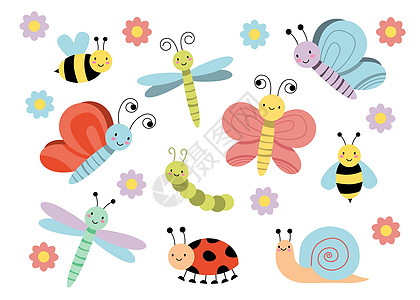 可爱的卡通昆虫 有趣的毛毛虫和蝴蝶 瓢虫 Bug 昆虫彩色孤立的矢量插图图标集 EPS图片