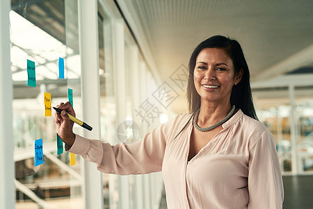 我让思维导图起作用 在办公室的玻璃墙上做笔记的自信女商务人士的画像背景图片