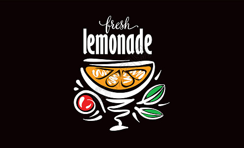 黑色背景的柠檬水矢量绘制稻草叶子标识食物水果刻字草图涂鸦艺术果汁图片