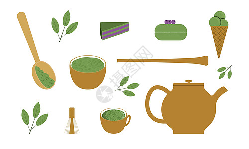 Matcha 茶礼上有机茶和粉末及工具图片