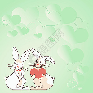 两只带着心形礼物的兔子 背景是热心的 展示了情侣交换供品 兔子代表带着可爱礼物的热情恋人小兔子天空哺乳动物图形农场绘画乐趣宠物计图片