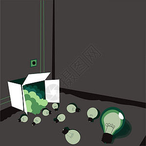 光灯灯泡分散在地板上 装满了盒子里的想法 许多备用电灯都是大纸箱室角落储藏室 混合明亮的暗淡电灯电脑桌子想像力商务男人创造力人士图片