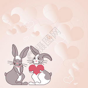 两只带着心形礼物的兔子 背景是热心的 展示了情侣交换供品 兔子代表带着可爱礼物的热情恋人问候庆典海报家庭婚礼哺乳动物幸福快乐绘画图片