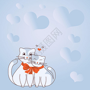 背景中两只猫依偎在一起 蝴蝶结和心形展示了恋人之间的爱与和谐 心形符号代表充满激情的情侣和爱情目标宠物图形毛皮婚礼绘画亲热庆典计图片