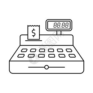 在白色背景上孤立的收银台轮廓矢量插图 带有价格的收银机和用于 Web 和 UI 设计 移动应用程序和印刷产品的支票线性矢量图标图片