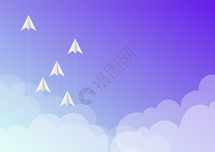 五架纸飞机飞上天空 云层环绕 代表实现目标 到达天际线的纸板飞机象征着成功完成项目海报图形紫色商业小册子卡通片墙纸设计太阳元素图片