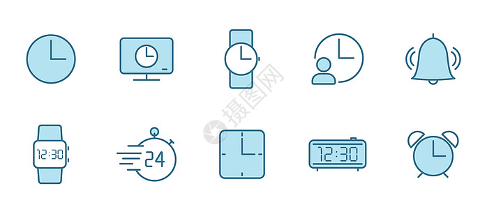 时间和时钟平面矢量图标在白色背景上隔离的两种颜色 为网页设计 ui 移动应用程序和打印设置的时间和时钟蓝色图标商业手表日历齿轮拨图片
