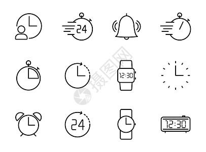 时间和时钟轮廓矢量图标隔离在白色 为 web 和 ui 设计 移动应用程序和印刷产品设置的时间和时钟图标界面网络手表倒数商业用户图片