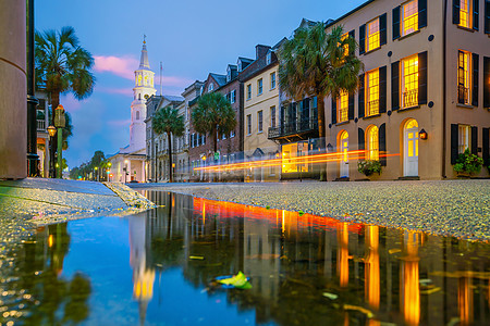 美国南卡罗来纳州Charleston市中心城区历史景观旅行市中心建筑学日落街道历史性吸引力地标教会图片