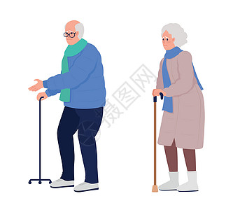 有步行甘蔗的老年人 半平板彩色向量字符组图片