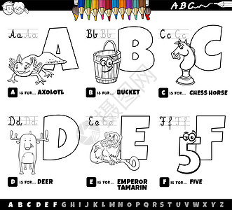 教育卡通字母设置从 A 到 F 彩色书页工作彩书卡通片蝾螈英语学校收藏首都语言插图图片