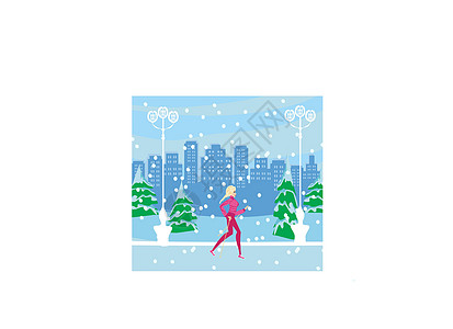 北欧步行在冬季运动的活跃妇女天空插图青年雪花房屋娱乐行动倾斜城市训练图片