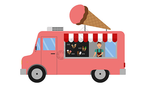 冰淇淋机器和卖家一起的冰淇淋面包车插画