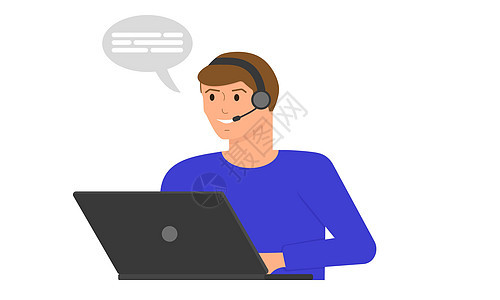 呼叫中心员工在笔记本电脑前用耳机与客户交谈讲话高清图片素材