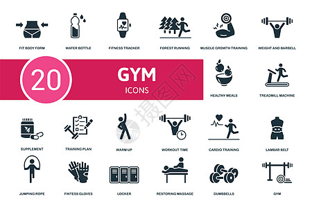 健身房和健身设置图标 包含健身房和健身插图 例如水壶 森林跑步 举重和杠铃等商业身体按钮收藏界面金融训练男人食物网络图片