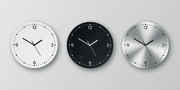 矢量 3d 逼真圆形白色 黑色和银色 镀铬钢墙办公室时钟设置隔离 挂钟面特写的设计模板 品牌和广告的模型 正视图数字手表日历时间图片