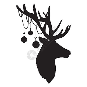 黑色的矢量背影 头部和圣诞球 在白色背景上突出显示鹿角脖子横幅艺术男性动物数字安装喇叭耳朵图片