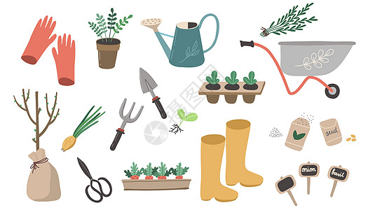 花园工具组 公园工厂 矢量插图工作 种子 靴子土壤喷雾器手套叶子园林植物仪器草图肥料工具图片