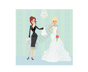 婚礼策划人和新娘派对女性工作插图计划策划师婚姻金发女郎采摘女孩图片