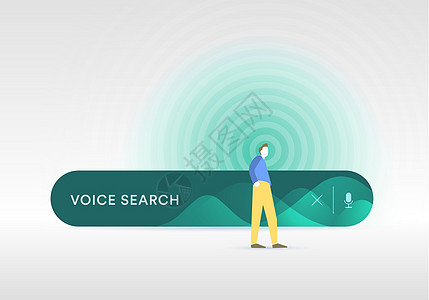 语音搜索技术概念-语音到文本搜索助手和声音识别插图 绘制的字符表示搜索查询背景图片