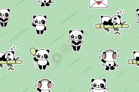 无缝无缝模式友好的可爱熊猫 手画矢量图标 现代服装 印刷品和标签风格说明 绿色背景图片