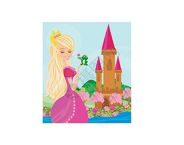 美丽的年轻公主和大青蛙女性珠宝插图建筑魔法童话女王长袍女孩戏服图片