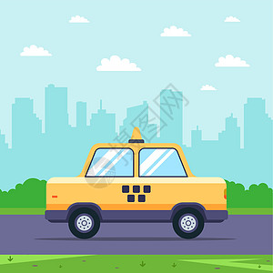黄色的出租车在路上行驶 其背景是城市风景图片