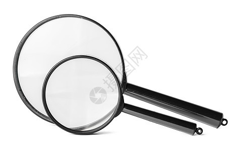 特写两个放大镜 在白色背景上隔绝Name镜片玻璃乐器监视阅读尺度金属勘探检查研究图片