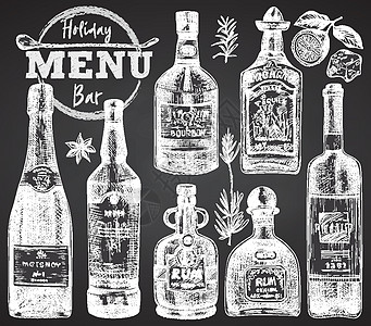 在黑色粉笔板背景上设置瓶装威士忌 朗姆酒 香槟 葡萄酒 龙舌兰酒复古手绘素描设计酒吧 餐厅 咖啡馆菜单 传单 横幅 海报雕刻风格图片