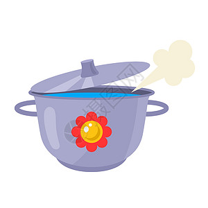 一个带盖子的铁锅 在白色背景上准备汤图片