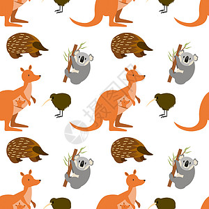 澳大利亚野生动物漫画 流行性自然人物无缝模式背景平板本底型哺乳动物收集矢量插图 EPS图片