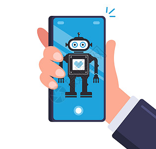 男性智能手机中的智能机器人 移动设备上的安卓图片