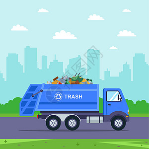 蓝色卡车把垃圾运出城市图片